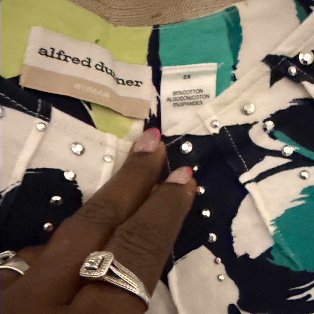 Alfred Dunner Teal, Navy & White Floral Embellished Top
